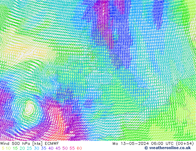 Wind 500 hPa ECMWF Mo 13.05.2024 06 UTC