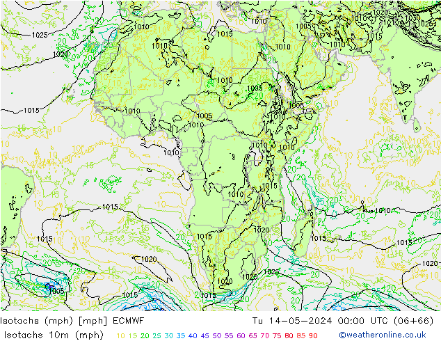 Isotachen (mph) ECMWF Di 14.05.2024 00 UTC