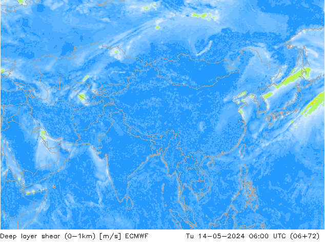 Deep layer shear (0-1km) ECMWF Di 14.05.2024 06 UTC