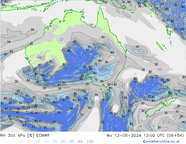 Humidité rel. 300 hPa ECMWF lun 13.05.2024 12 UTC