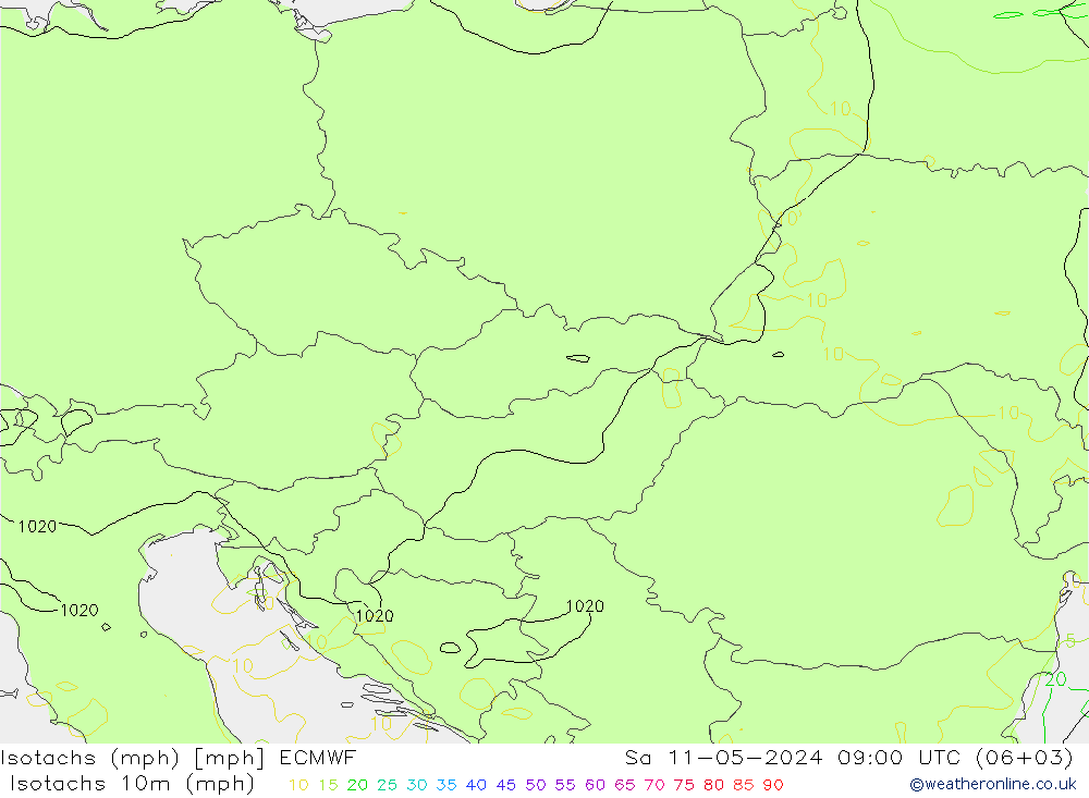 Izotacha (mph) ECMWF so. 11.05.2024 09 UTC