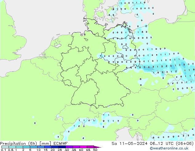 Precipitación (6h) ECMWF sáb 11.05.2024 12 UTC