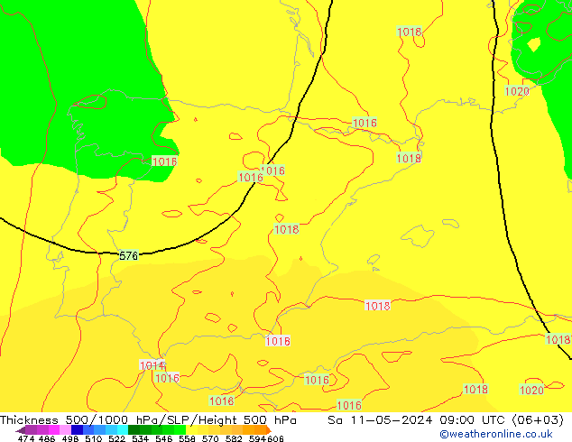 Dikte 500-1000hPa ECMWF za 11.05.2024 09 UTC