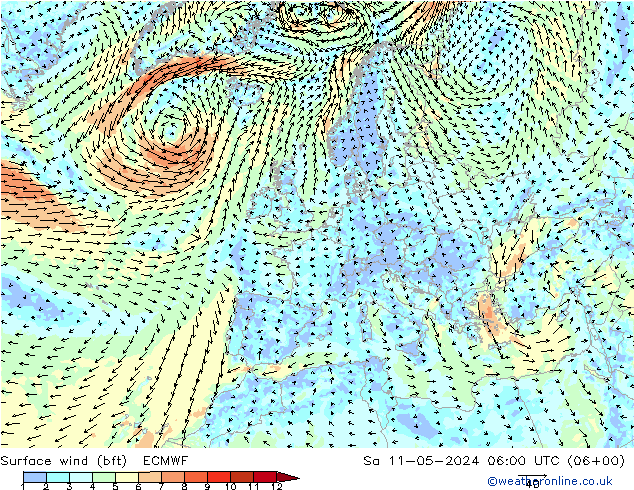 Bodenwind (bft) ECMWF Sa 11.05.2024 06 UTC