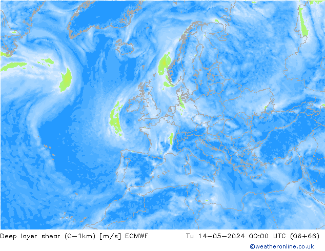 Deep layer shear (0-1km) ECMWF Tu 14.05.2024 00 UTC