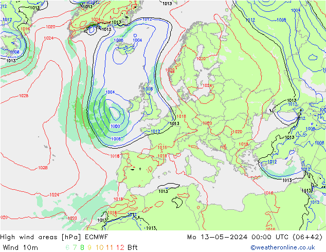 High wind areas ECMWF lun 13.05.2024 00 UTC