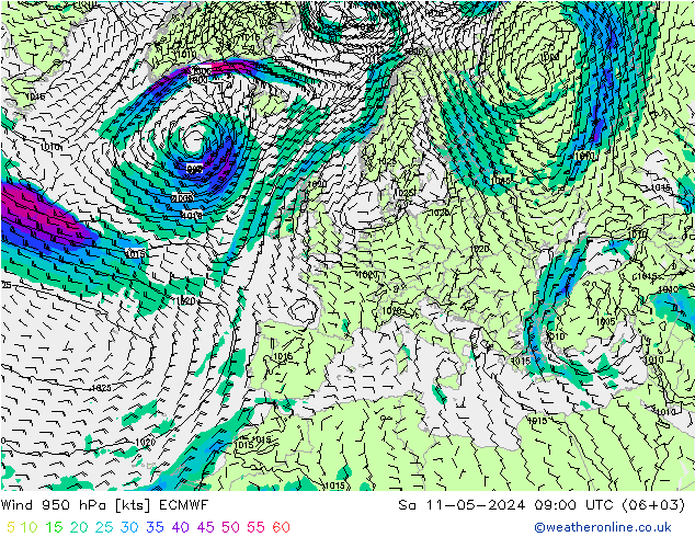 Wind 950 hPa ECMWF za 11.05.2024 09 UTC