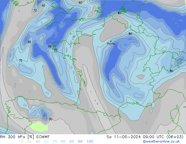 Humidité rel. 300 hPa ECMWF sam 11.05.2024 09 UTC