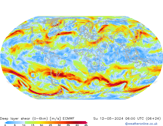 Deep layer shear (0-6km) ECMWF So 12.05.2024 06 UTC