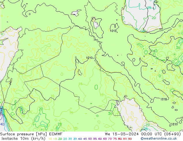 Isotachs (kph) ECMWF mer 15.05.2024 00 UTC