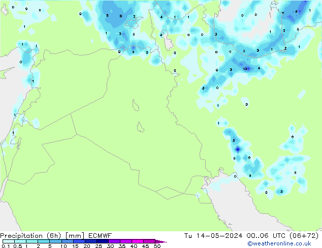 Precipitation (6h) ECMWF Út 14.05.2024 06 UTC