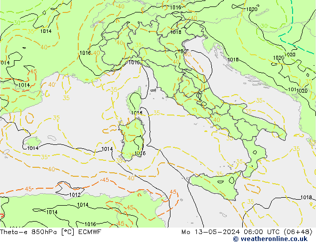 Theta-e 850hPa ECMWF Po 13.05.2024 06 UTC
