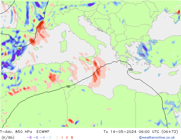 T-Adv. 850 hPa ECMWF di 14.05.2024 06 UTC