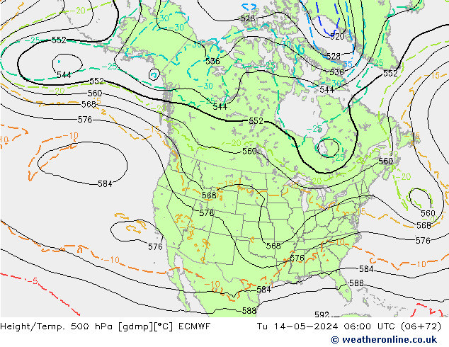 Z500/Rain (+SLP)/Z850 ECMWF wto. 14.05.2024 06 UTC