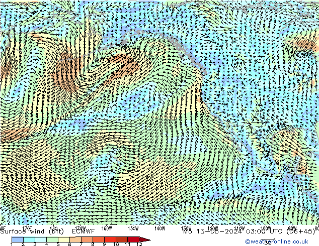 Surface wind (bft) ECMWF Mo 13.05.2024 03 UTC