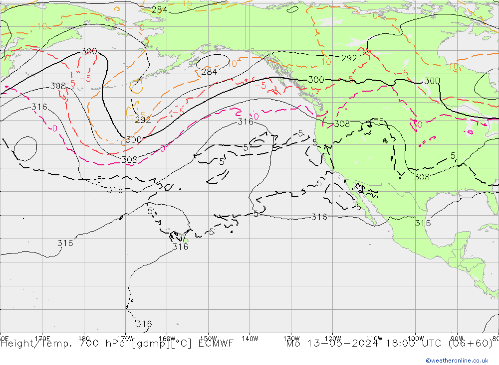 Hoogte/Temp. 700 hPa ECMWF ma 13.05.2024 18 UTC