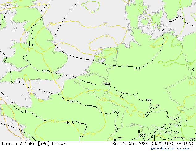 Theta-e 700hPa ECMWF sab 11.05.2024 06 UTC