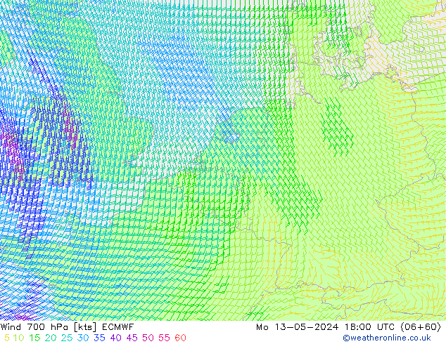 Wind 700 hPa ECMWF Mo 13.05.2024 18 UTC