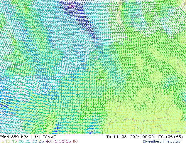 wiatr 850 hPa ECMWF wto. 14.05.2024 00 UTC