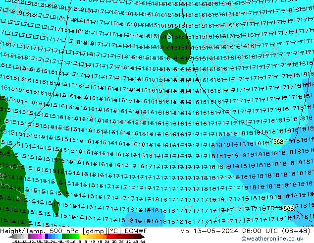 Z500/Rain (+SLP)/Z850 ECMWF Mo 13.05.2024 06 UTC