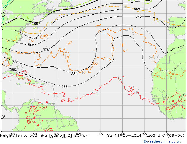 Height/Temp. 500 hPa ECMWF Sa 11.05.2024 12 UTC