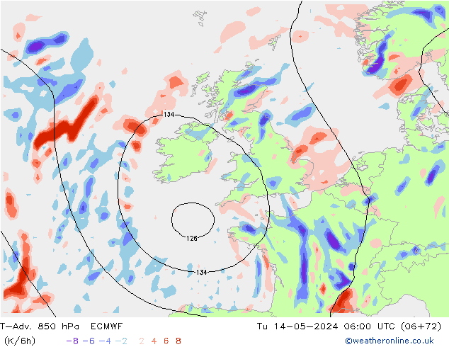 T-Adv. 850 hPa ECMWF Tu 14.05.2024 06 UTC