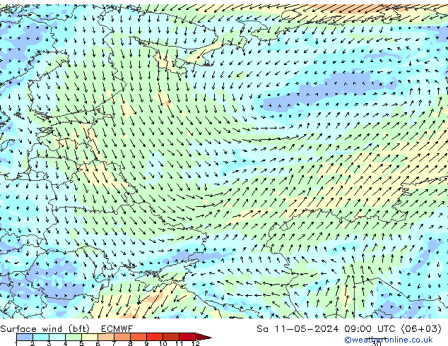 Wind 10 m (bft) ECMWF za 11.05.2024 09 UTC