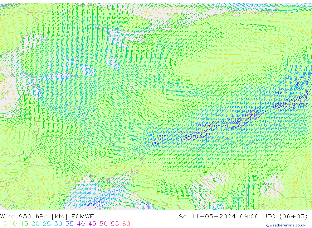 Wind 950 hPa ECMWF za 11.05.2024 09 UTC