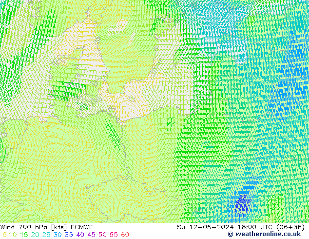 wiatr 700 hPa ECMWF nie. 12.05.2024 18 UTC