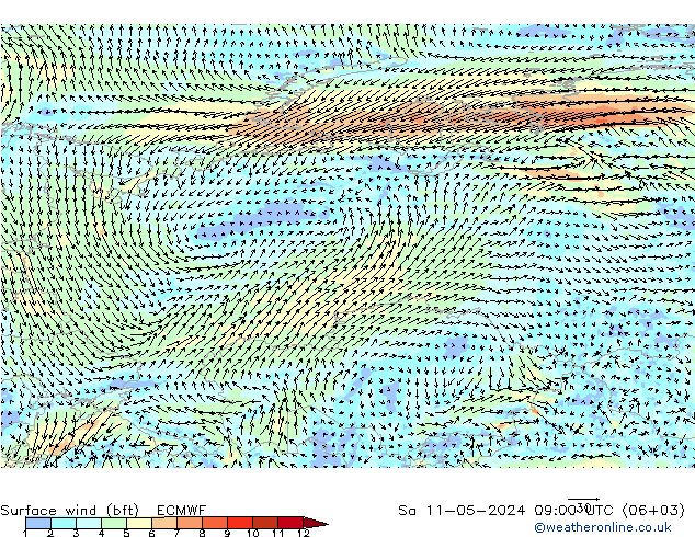 Rüzgar 10 m (bft) ECMWF Cts 11.05.2024 09 UTC