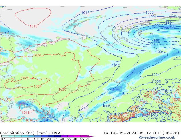 Precipitation (6h) ECMWF Út 14.05.2024 12 UTC
