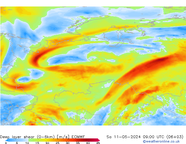 Deep layer shear (0-6km) ECMWF Cts 11.05.2024 09 UTC
