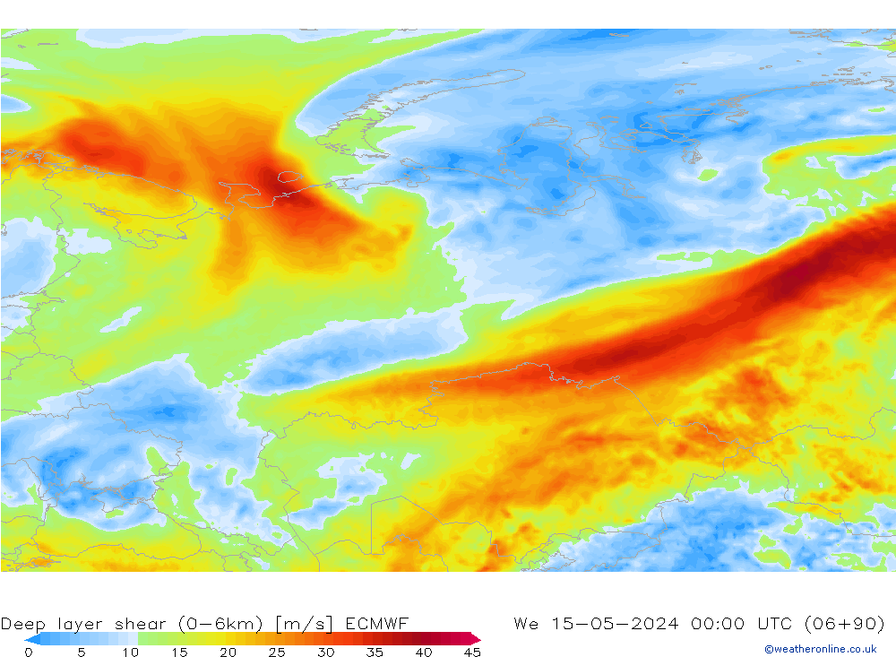Deep layer shear (0-6km) ECMWF mié 15.05.2024 00 UTC