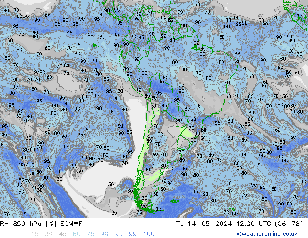 Humidité rel. 850 hPa ECMWF mar 14.05.2024 12 UTC