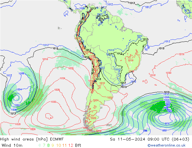 High wind areas ECMWF Sa 11.05.2024 09 UTC