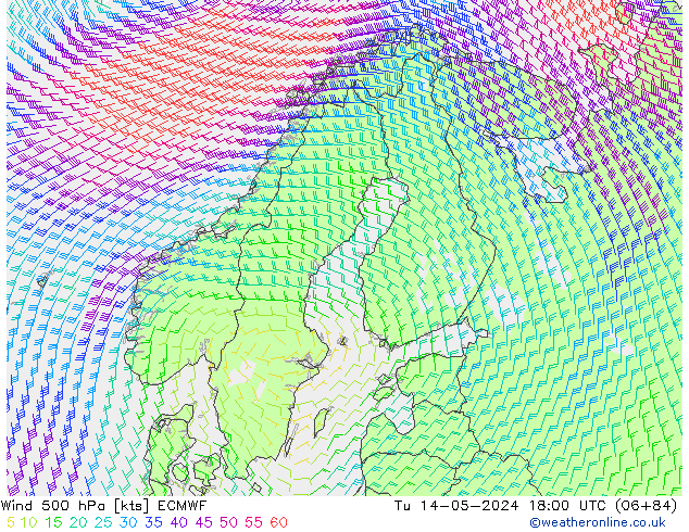 Wind 500 hPa ECMWF Tu 14.05.2024 18 UTC