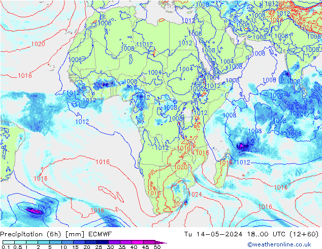 Precipitazione (6h) ECMWF mar 14.05.2024 00 UTC
