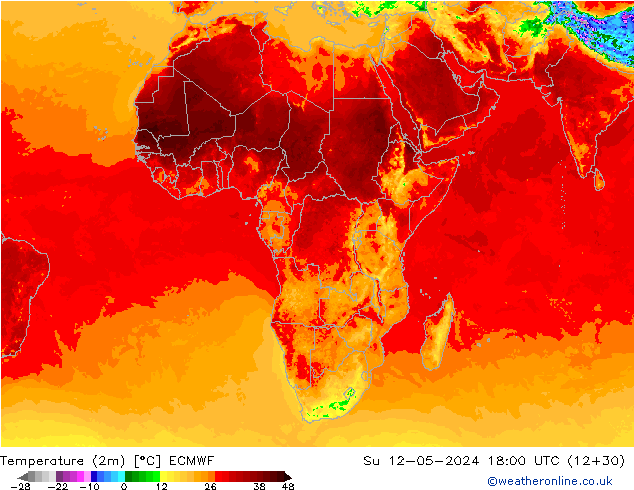 mapa temperatury (2m) ECMWF nie. 12.05.2024 18 UTC