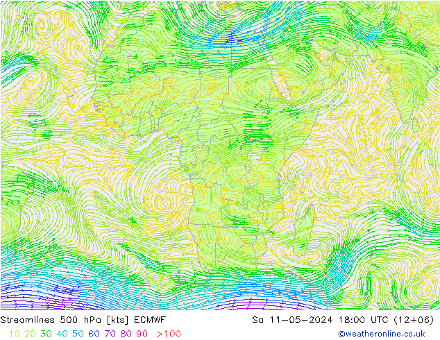 Linha de corrente 500 hPa ECMWF Sáb 11.05.2024 18 UTC