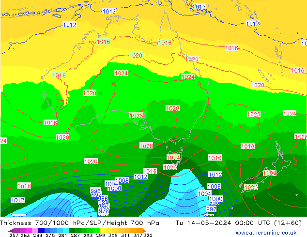 Thck 700-1000 hPa ECMWF wto. 14.05.2024 00 UTC