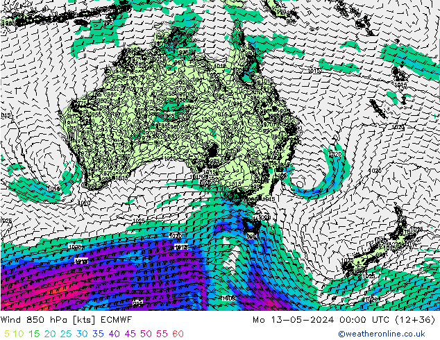 Rüzgar 850 hPa ECMWF Pzt 13.05.2024 00 UTC