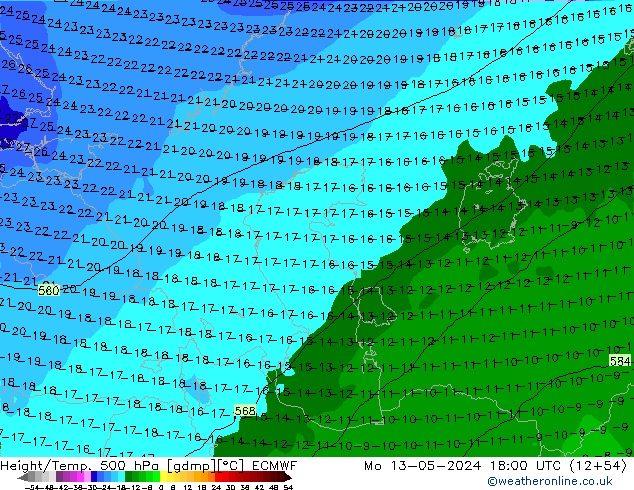 Z500/Rain (+SLP)/Z850 ECMWF Po 13.05.2024 18 UTC