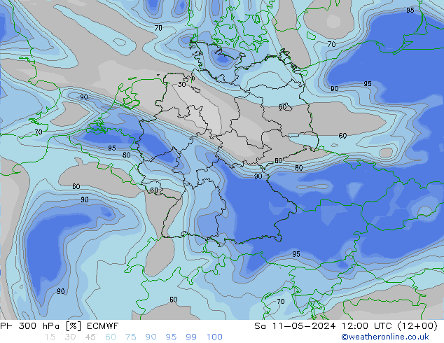 Humidité rel. 300 hPa ECMWF sam 11.05.2024 12 UTC