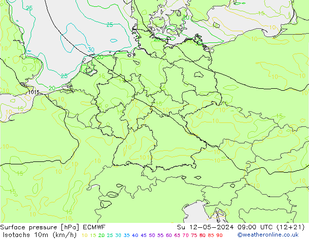 Isotachs (kph) ECMWF dim 12.05.2024 09 UTC