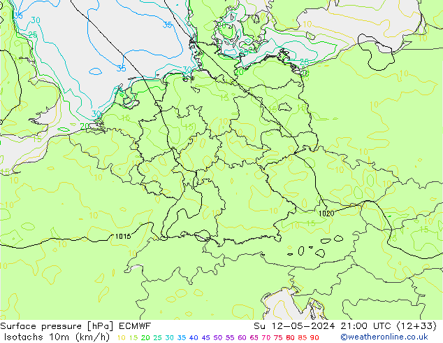 Izotacha (km/godz) ECMWF nie. 12.05.2024 21 UTC