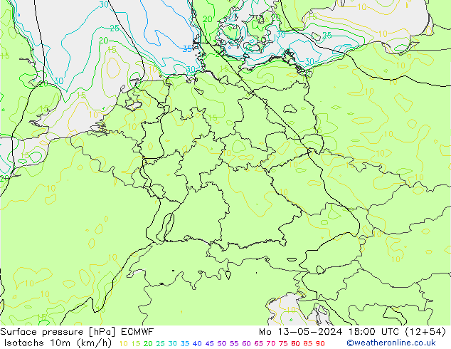 Isotachs (kph) ECMWF Mo 13.05.2024 18 UTC