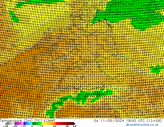 mapa temperatury (2m) ECMWF so. 11.05.2024 18 UTC