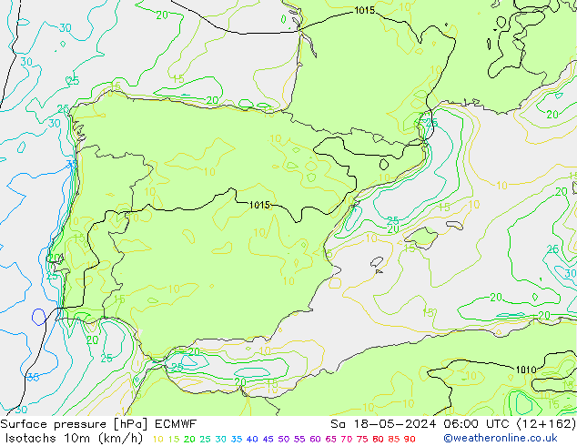 Isotachs (kph) ECMWF sam 18.05.2024 06 UTC