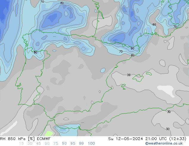 Humidité rel. 850 hPa ECMWF dim 12.05.2024 21 UTC