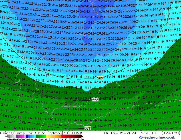 Z500/Rain (+SLP)/Z850 ECMWF Th 16.05.2024 12 UTC